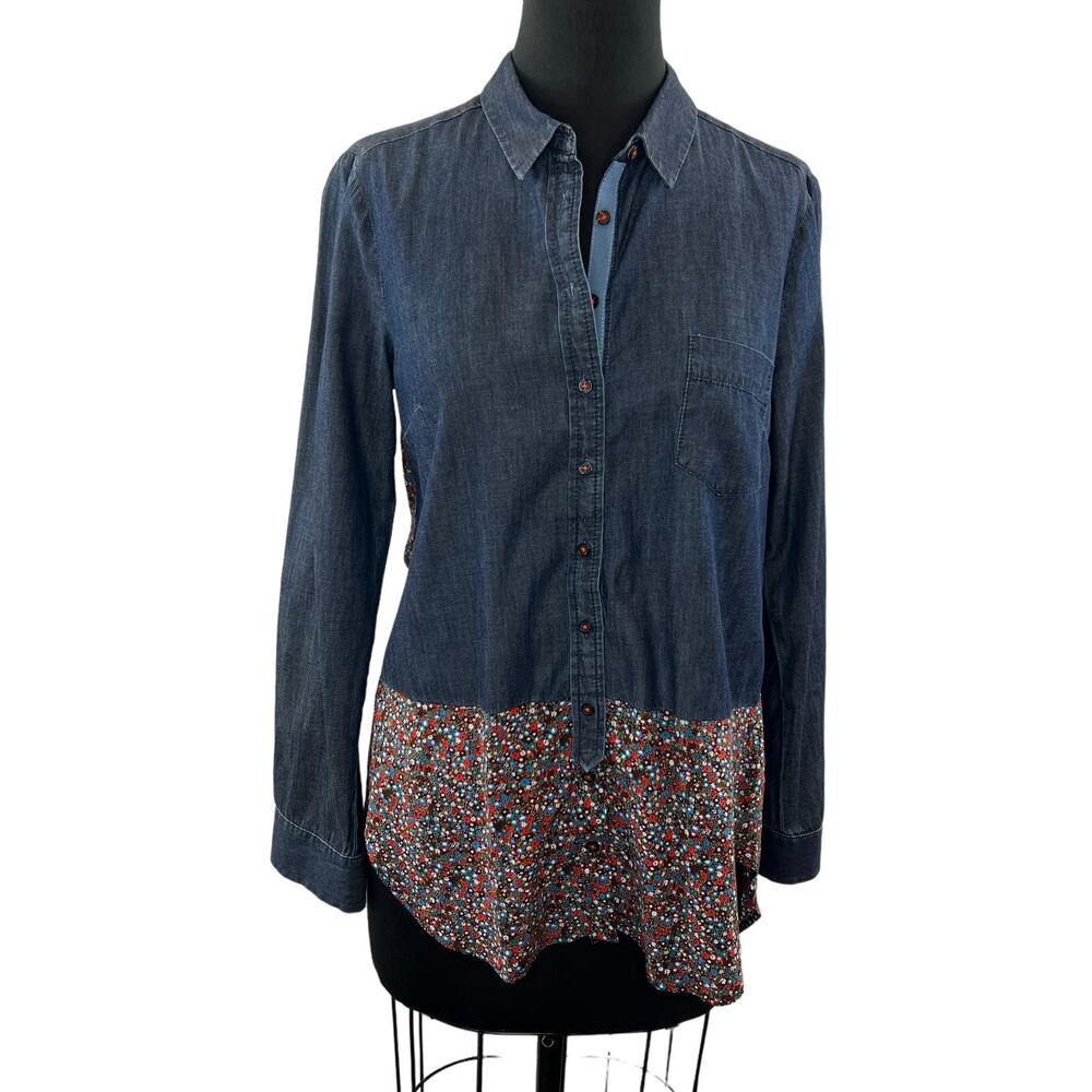 POSTMARK by ANTHROPOLOGIE Flora Spliced Button-Down Cotton Chambray Shirt Sz 6